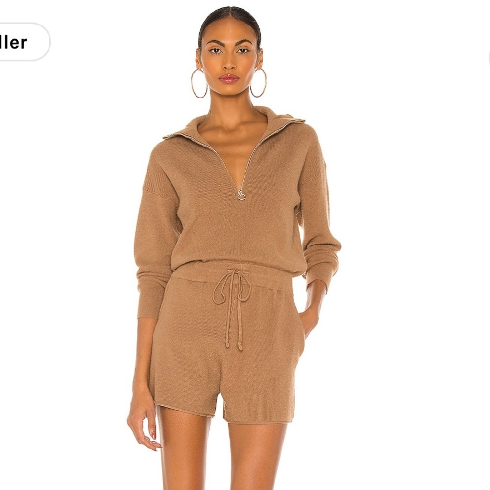 L'Academie Camel Brown Terry Half-Zip Romper